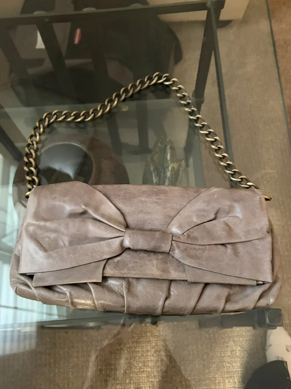 HOBO Taupe Bow Shoulder Bag with Gold-Tone Chain